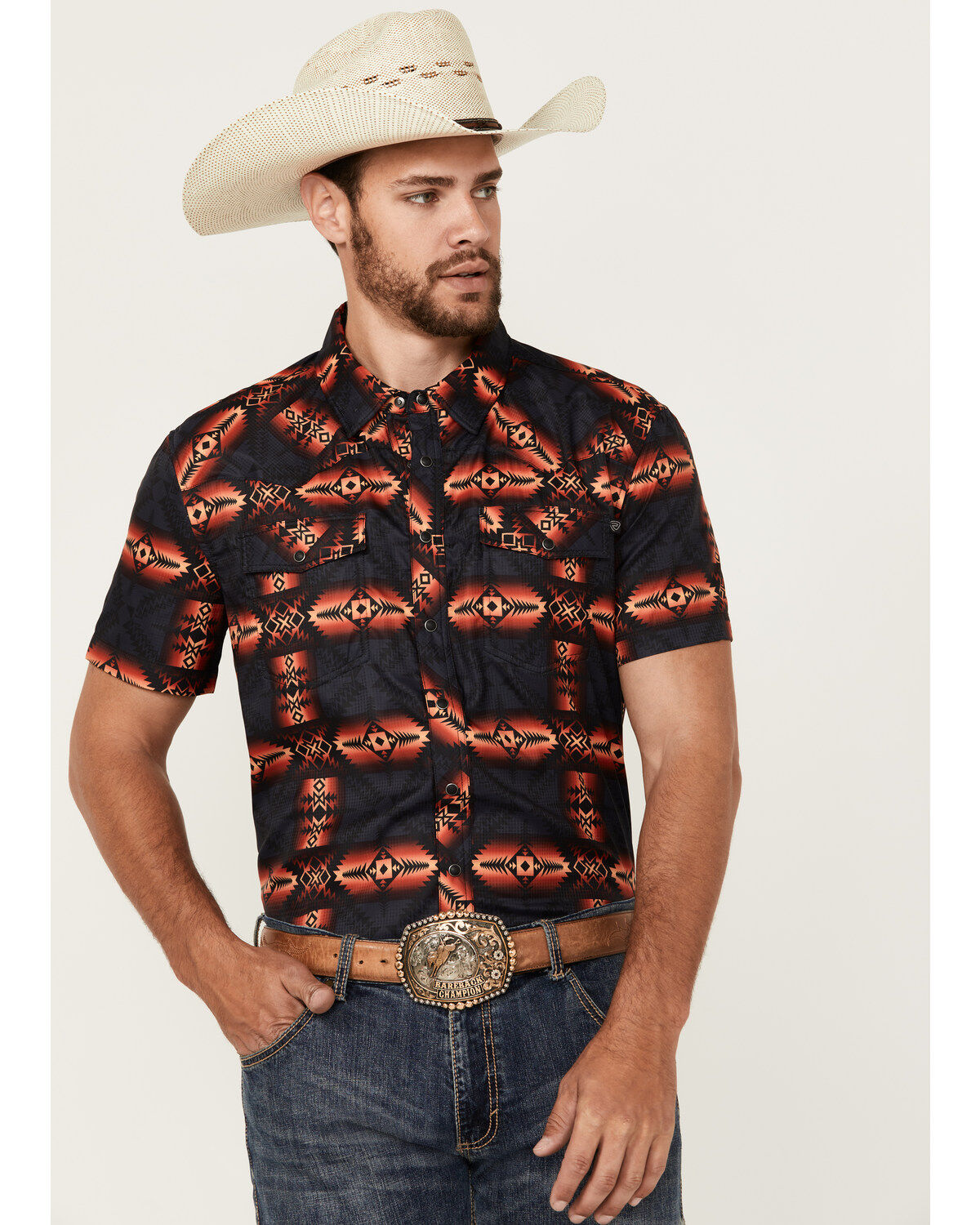 Image #1 - Rock & Roll Denim Men's Tek Southwestern Print Short Sleeve Snap Western Shirt, Orange, hi-res