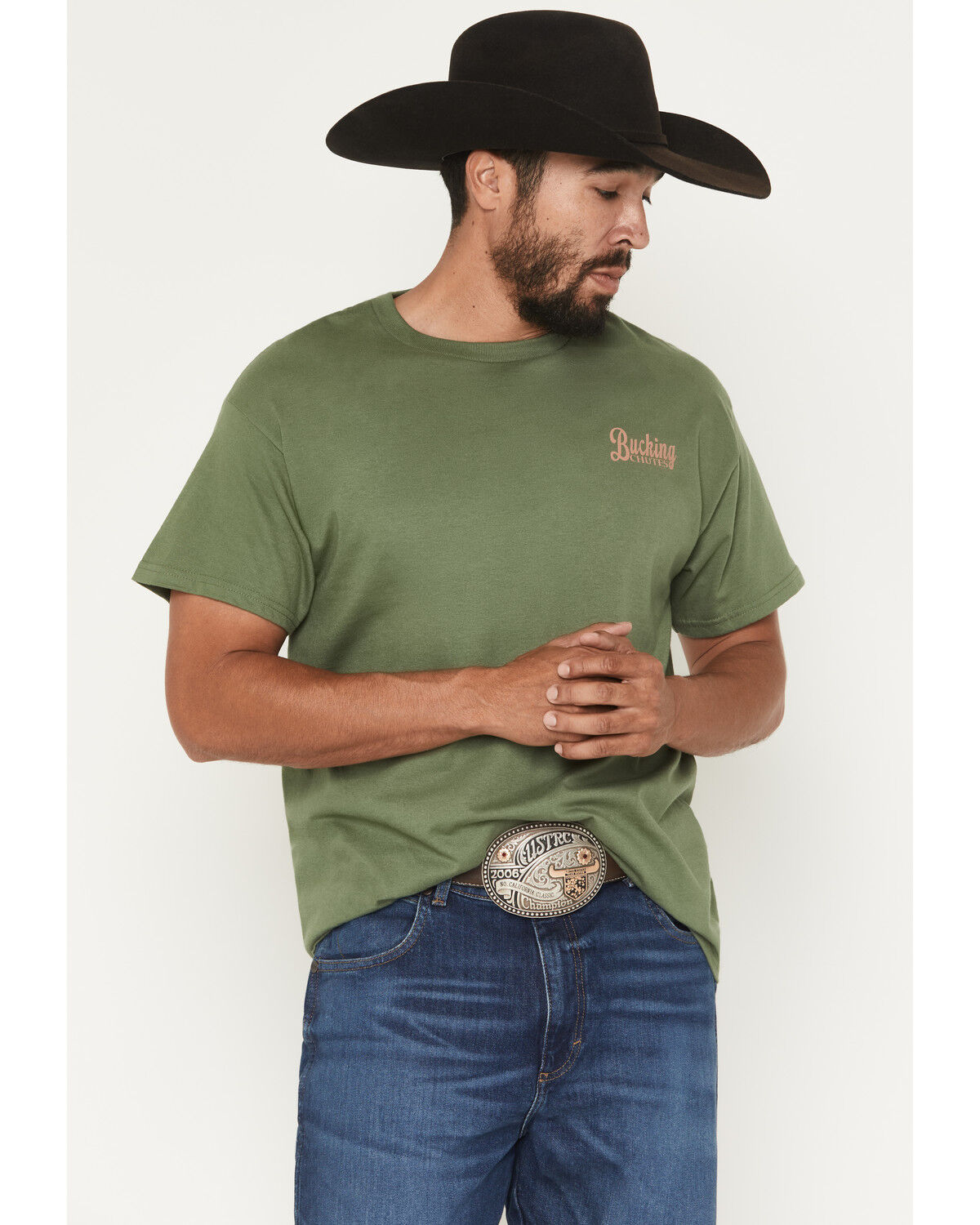 Image #2 - Bucking Chutes Men's Pickup Buck Short Sleeve Graphic T-Shirt, Green, hi-res