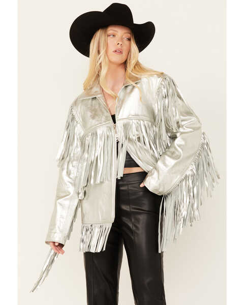 Understated Leather Women's Mystical Fringe Jacket , Silver, hi-res