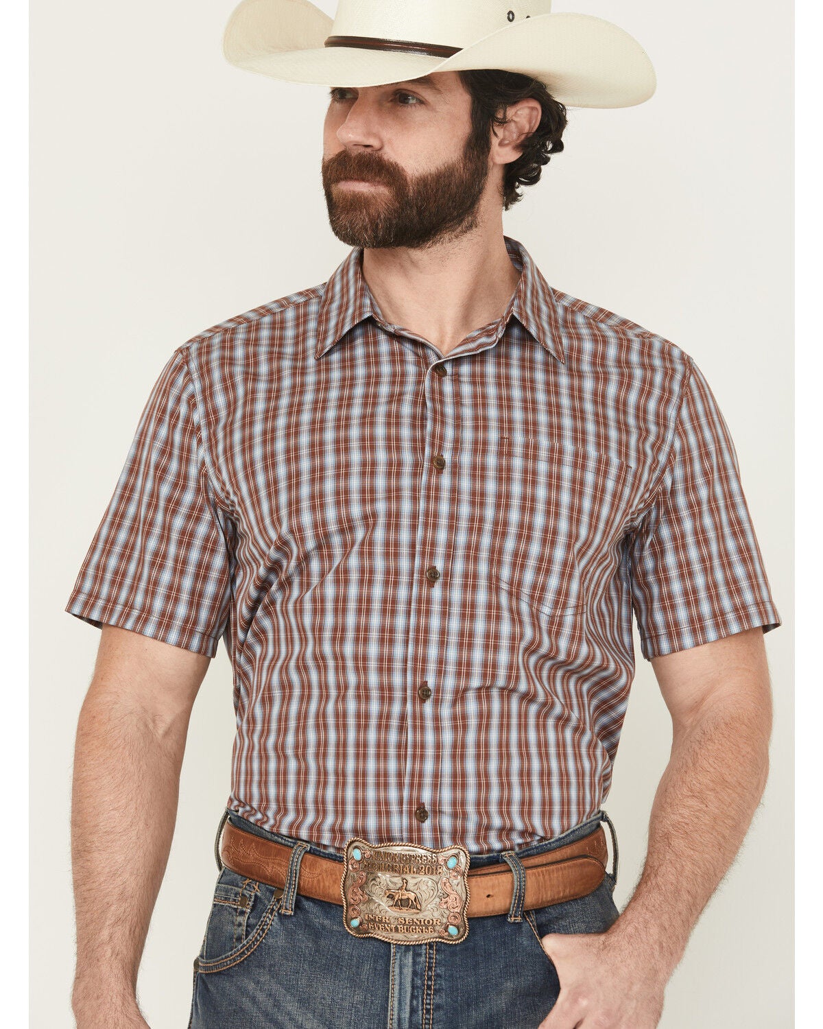Gibson Trading Co Men's Mud Hole Plaid Print Short Sleeve Button-Down Western Shirt, Brown, hi-res