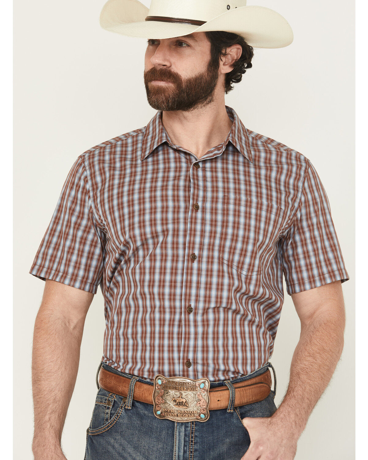 Image #1 - Gibson Trading Co Men's Mud Hole Plaid Print Short Sleeve Button-Down Western Shirt, Brown, hi-res