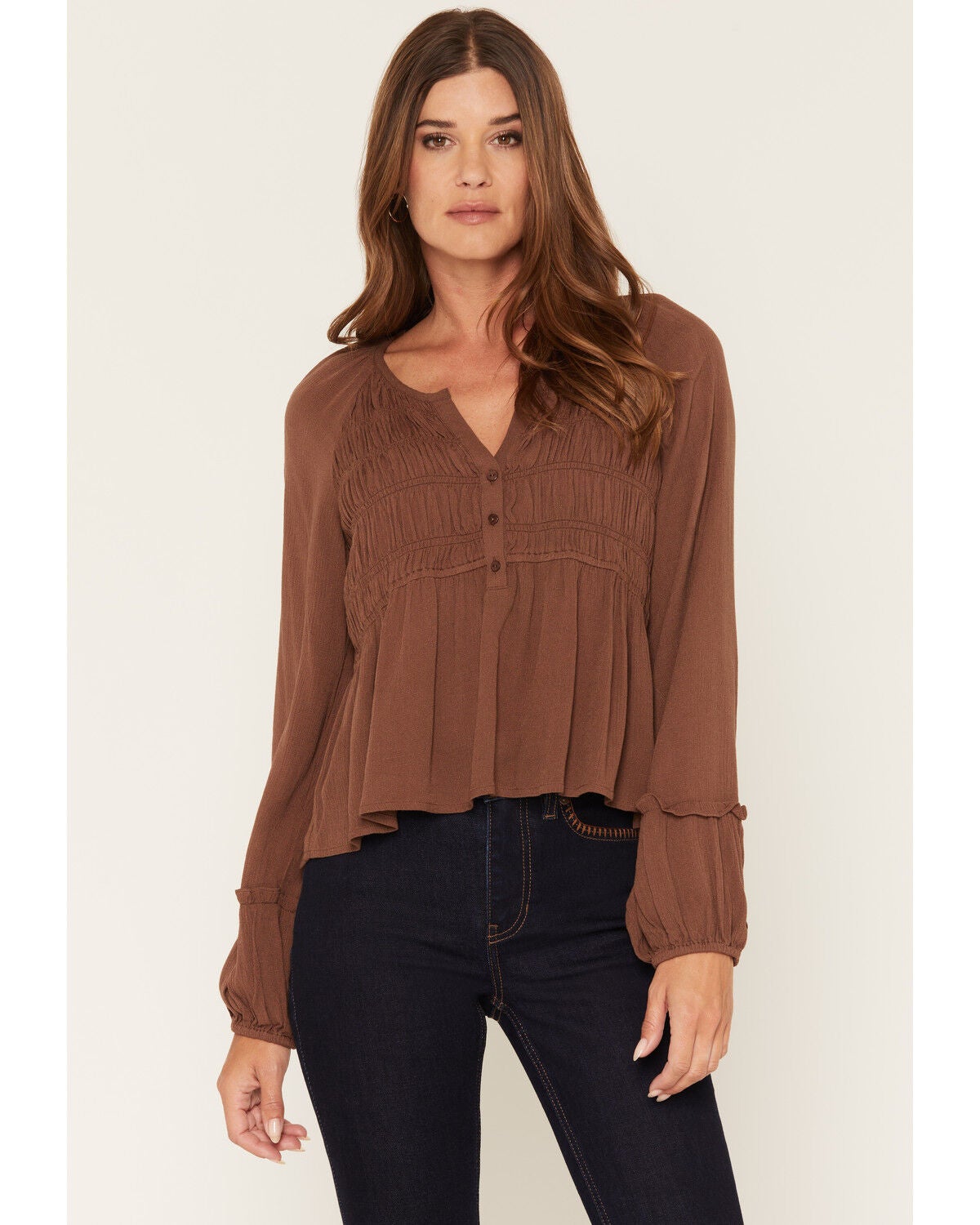 Image #1 - Lovestitch Women's Rouched Front Long Sleeve Top, Brown, hi-res