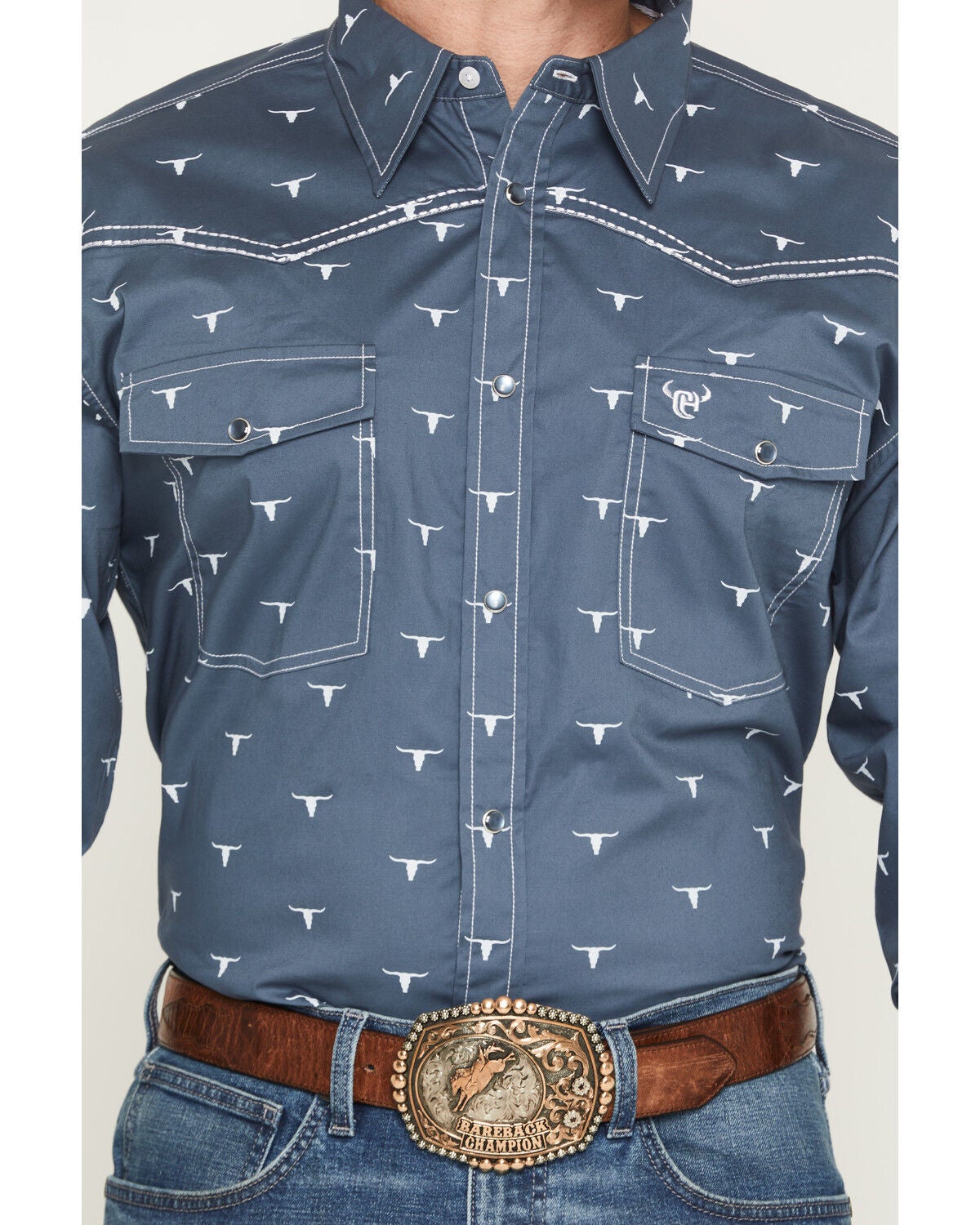 Image #3 - Cowboy Hardware Men's Skull Print Long Sleeve Snap Stretch Western Shirt, Slate, hi-res
