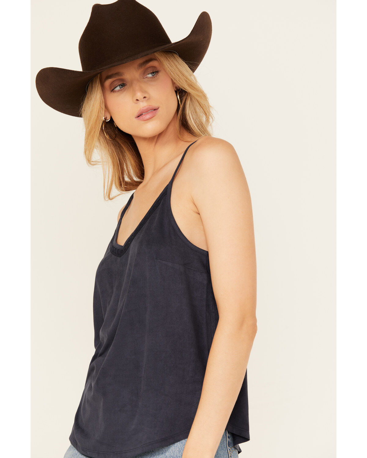 Image #2 - Shyanne Women's Crochet Trim Faux Suede Cami, Indigo, hi-res