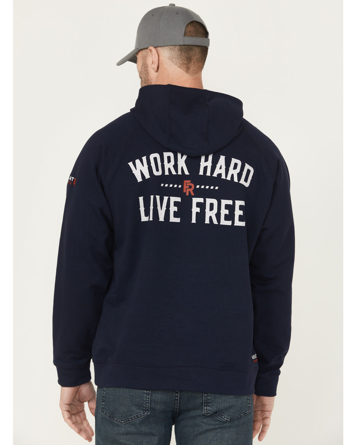 Image #1 - Ariat Men's FR Durastretch Work Hard Live Free Hooded Sweatshirt, Navy, hi-res