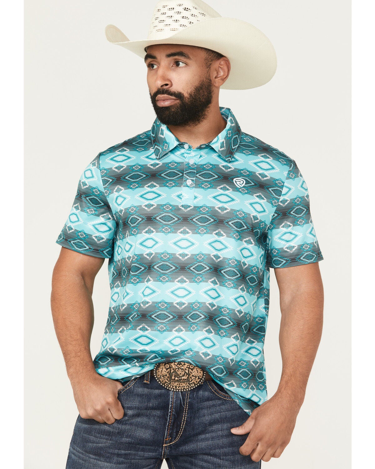 Rock & Roll Denim Men's Southwestern Print Short Sleeve Button-Down Stretch Polo Shirt, Turquoise, hi-res
