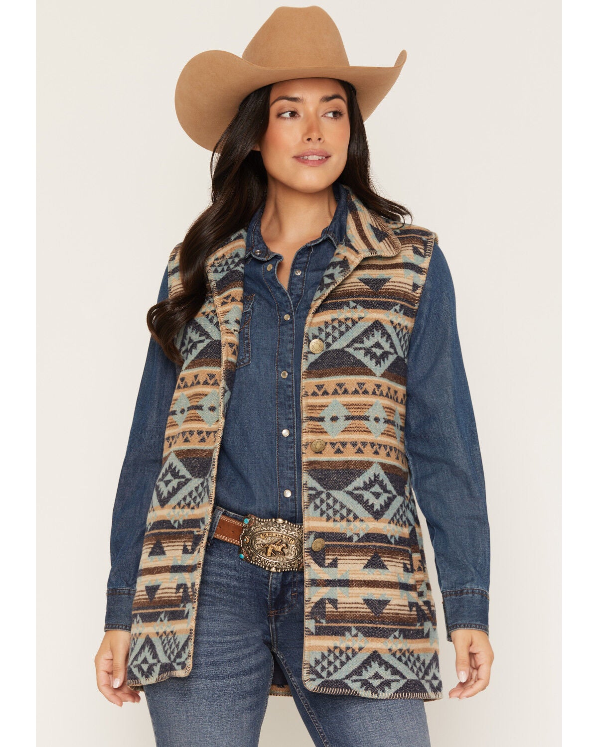 Outback Trading Co Women's Southwestern Whipstitch Button-Down Vest, Multi, hi-res