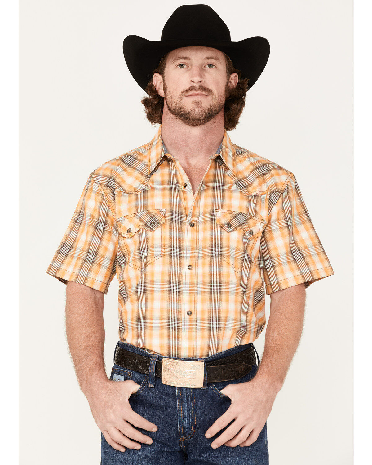 Image #1 - Cody James Men's Charro Large Plaid Snap Western Shirt, Gold, hi-res