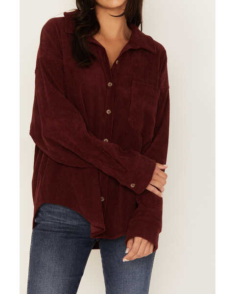 Wishlist Women's Solid Corduroy Oversized Long Sleeve Button Down Shirt , Burgundy, hi-res