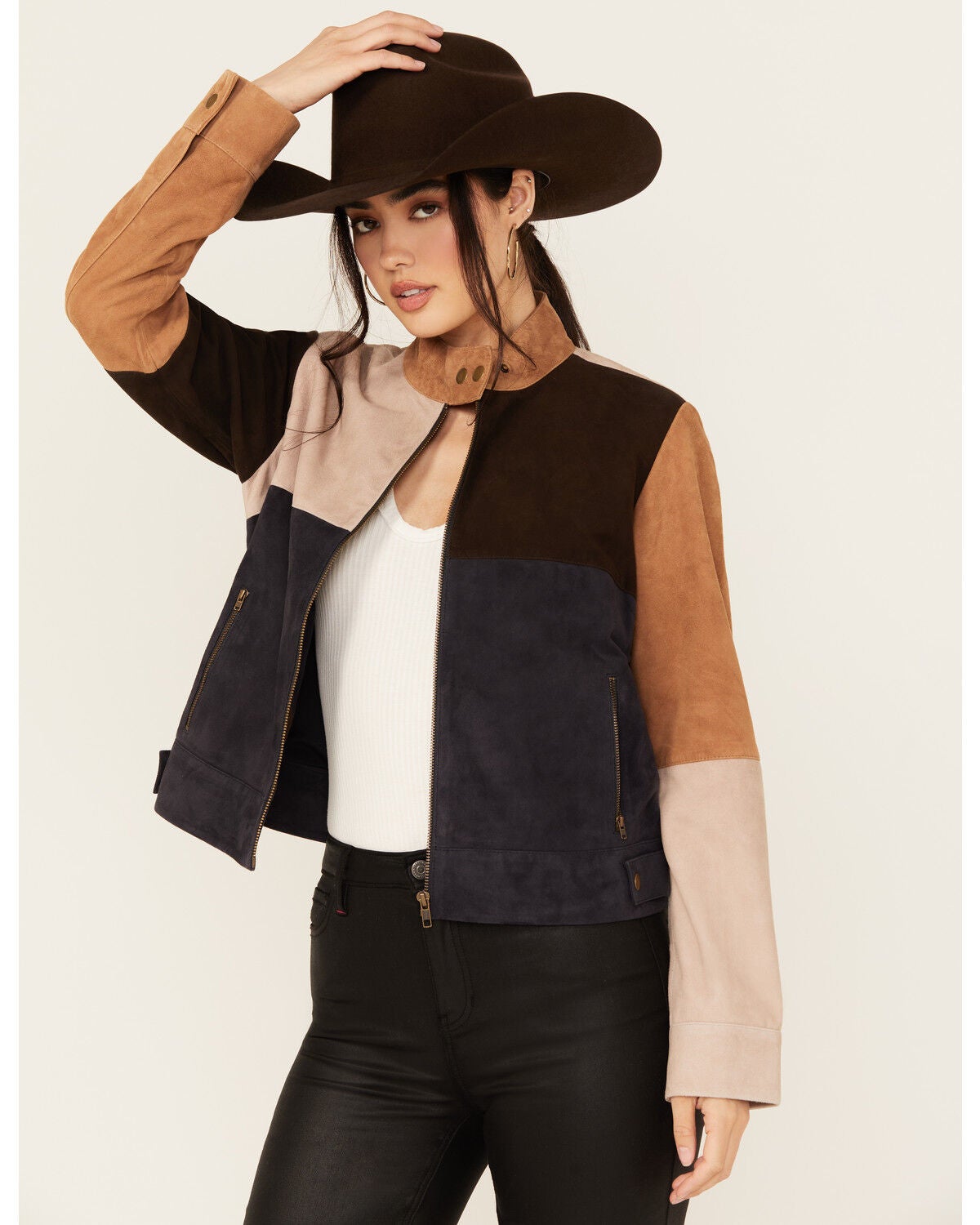 Cleo + Wolf Women's Carter Colorblock Suede Zip-Up Jacket, Bark, hi-res
