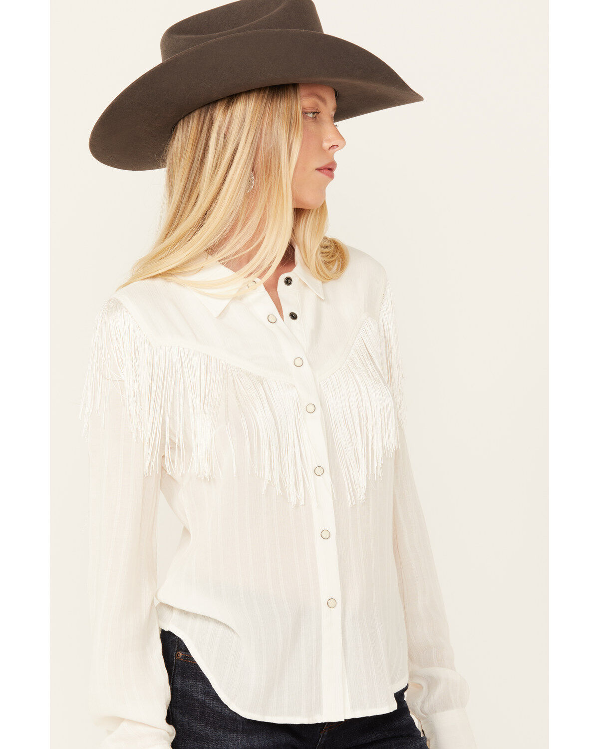Image #2 - Idyllwind Women's Etta Fringe Western Yoke Long Sleeve Snap Shirt, White, hi-res