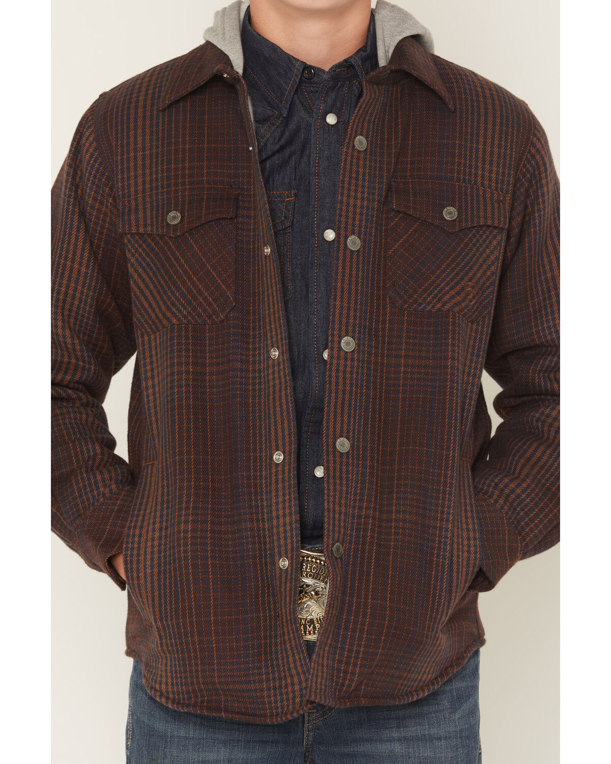 Image #3 - Ariat Boys' Retro Plaid Print Snap Shirt Jacket with Hood, Brown, hi-res