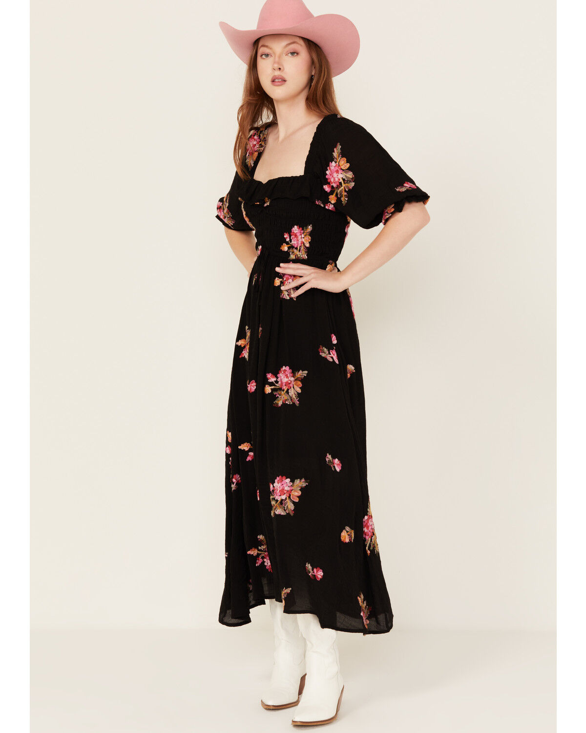 Image #1 - Wild Moss Women's Floral Embroidered Midi Dress, Black, hi-res