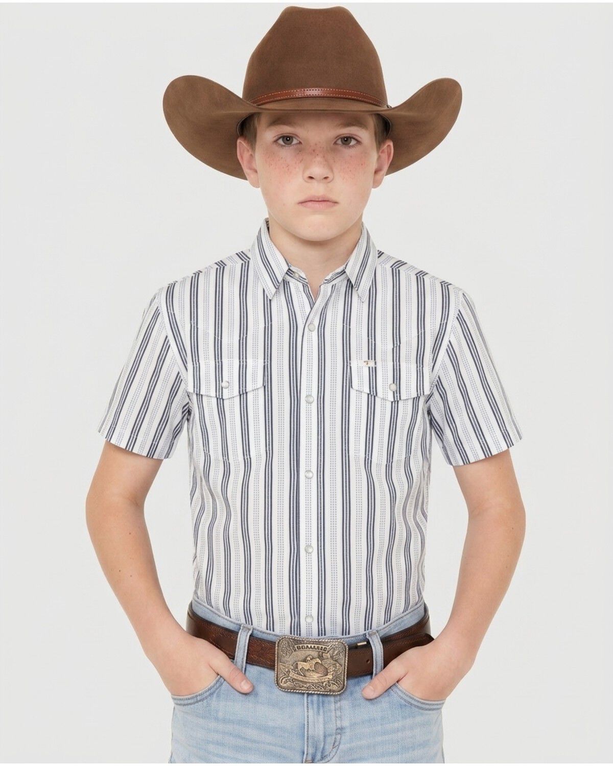 Image #1 - Ferrell Boys' Jake Tek Striped Print Short Sleeve Snap Performance Western Shirt, White, hi-res