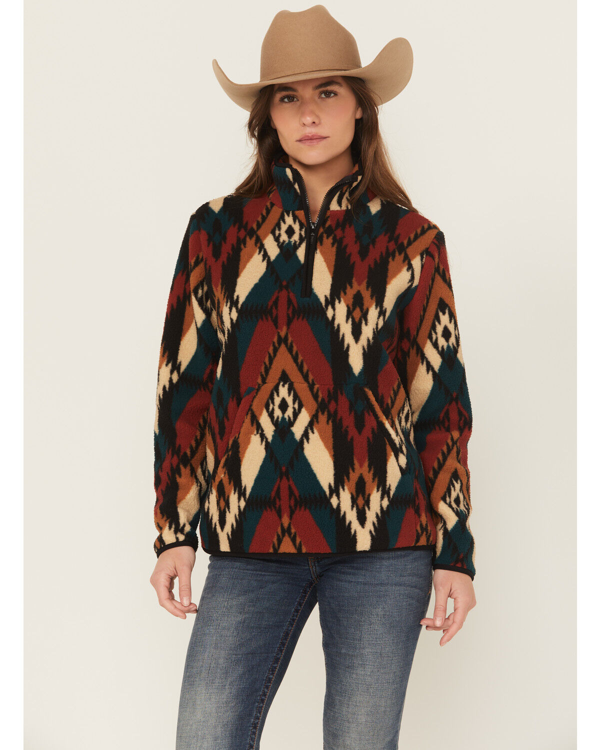 Wrangler Retro Women's Southwestern Print Sherpa Pullover, Teal, hi-res