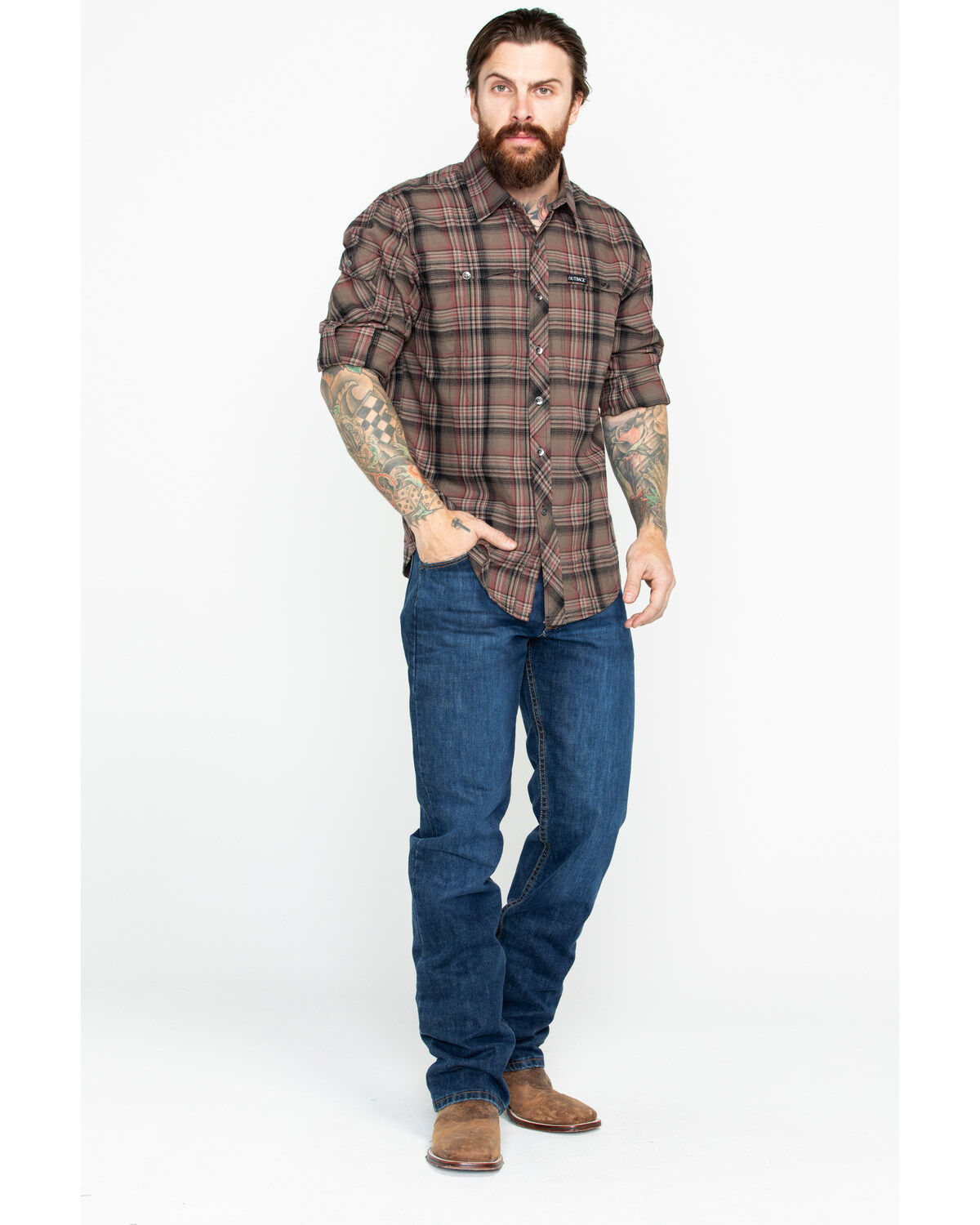 Image #6 - Outback Trading Co. Men's Plaid Print Laramie Perf. Long Sleeve Western Shirt, Olive, hi-res