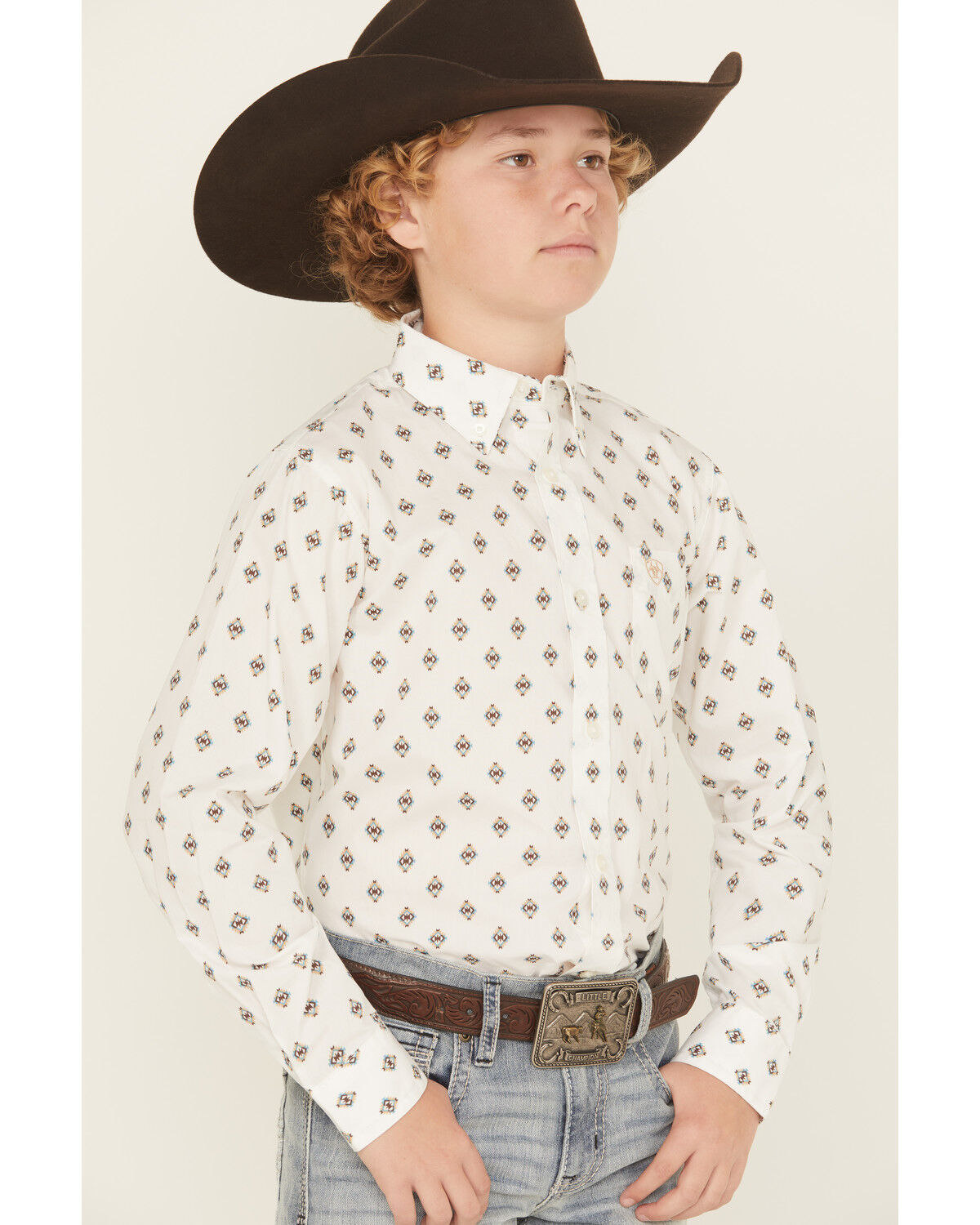 Image #2 - Ariat Boys' Classic Geo Print Long Sleeve Button-Down Western Shirt, White, hi-res
