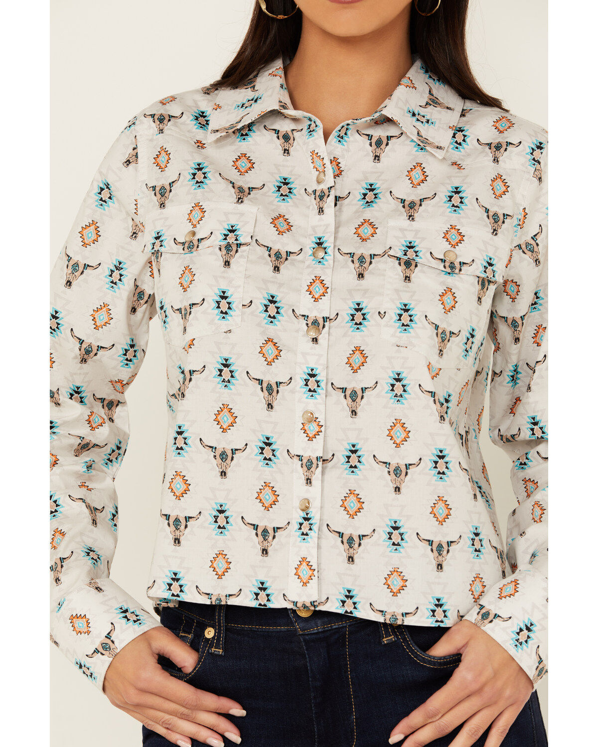 Image #3 - Panhandle Women's Steer Print Long Sleeve Snap Western Shirt, Off White, hi-res