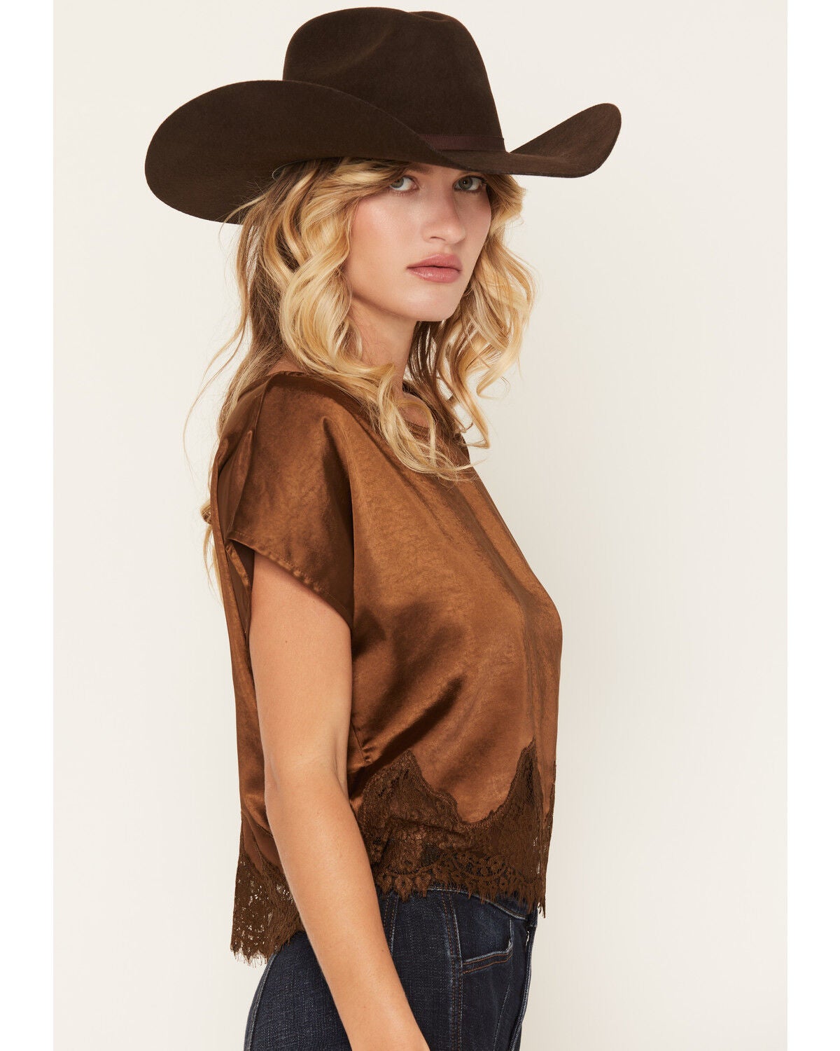 Image #2 - By Together Women's Solid Satin Lace Trim Short Sleeve Shirt, Brown, hi-res
