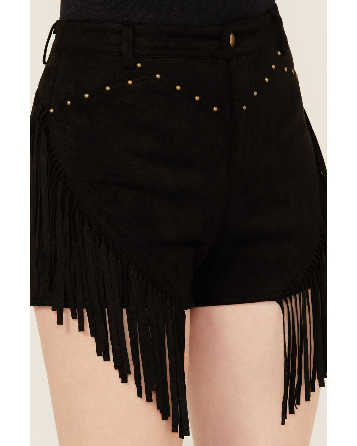 Image #2 - Blue B Women's Mid Rise Faux Suede Studded Fringe Shorts, Black, hi-res