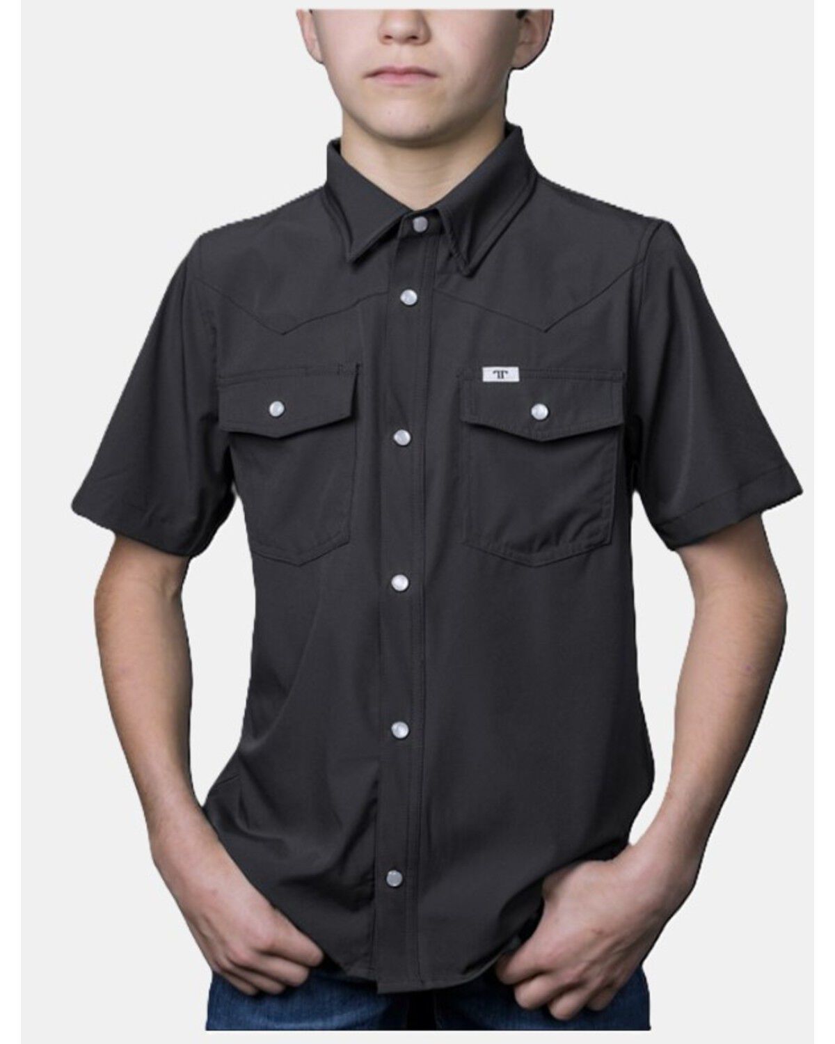 Image #1 - Ferrell Boys' Core Tek Solid Short Sleeve Snap Performance Western Shirt, Grey, hi-res