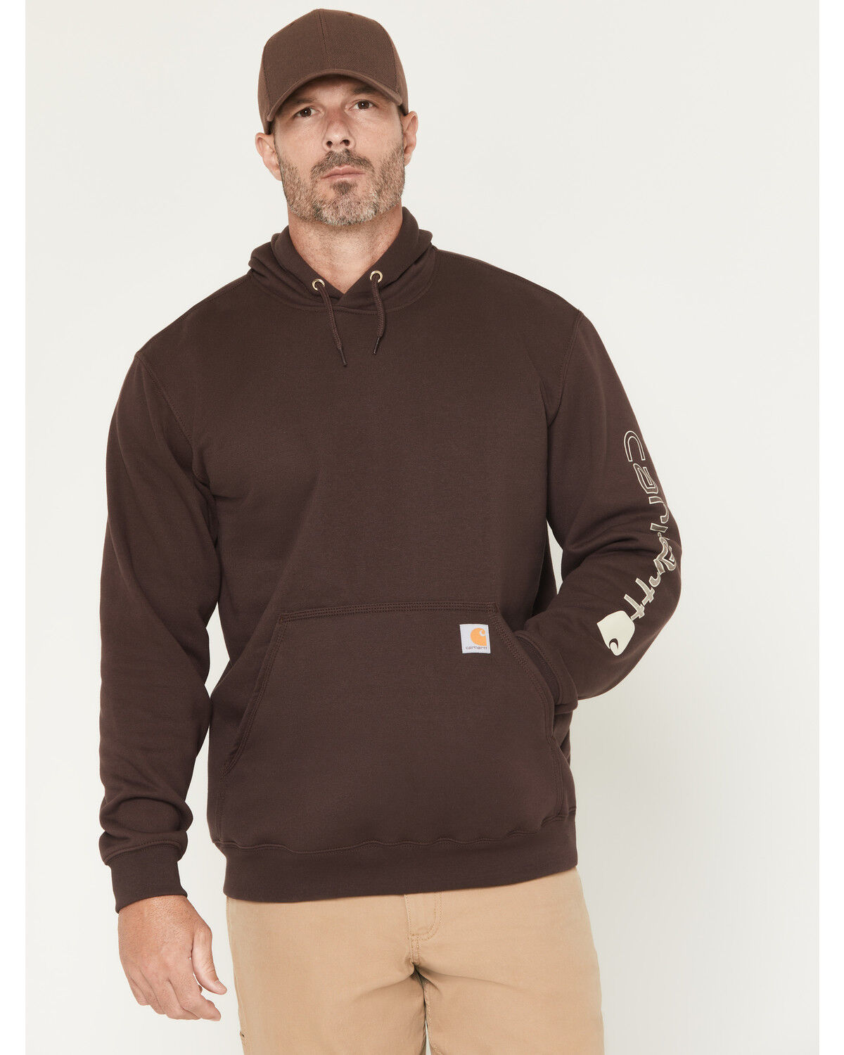 Carhartt Men's Loose Fit Midweight Logo Sleeve Graphic Hooded Sweatshirt, Dark Brown, hi-res