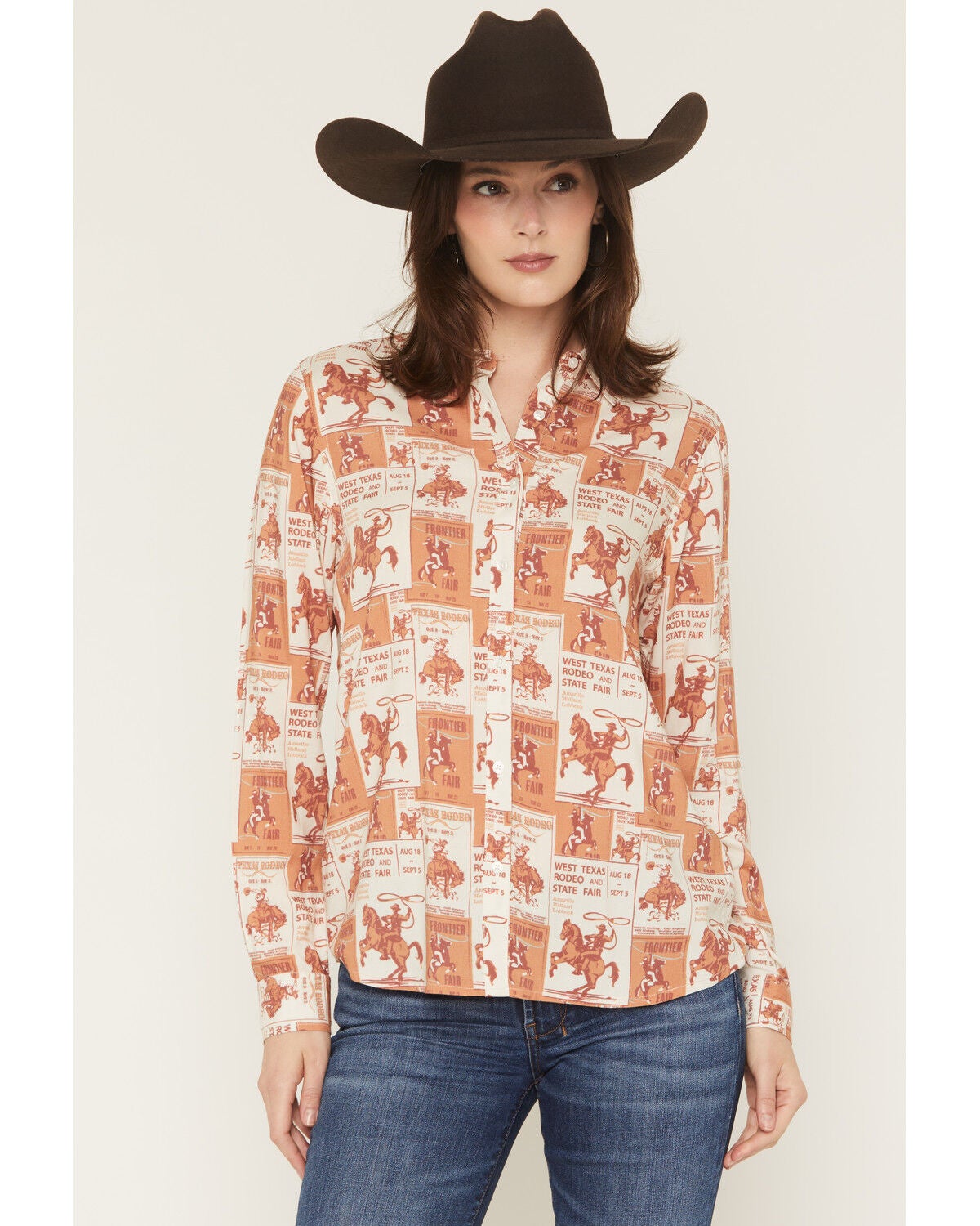 Rock & Roll Denim Women's Poster Print Long Sleeve Button-Down Western Shirt, Rust Copper, hi-res