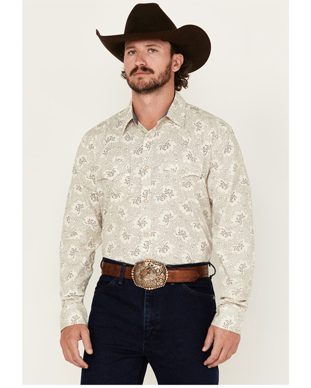 Image #1 - Cody James Men's Treven Floral Print Long Sleeve Snap Western Shirt - Tall, Cream, hi-res