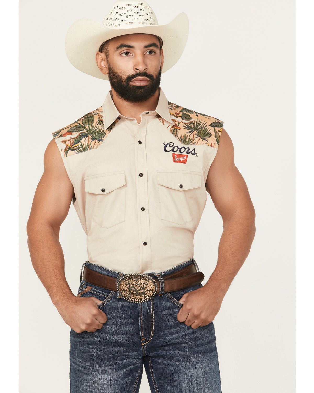 Coors Men's Boot Barn Exclusive Banquet Rodeo Logo Sleeveless Snap Bubba, Natural, hi-res
