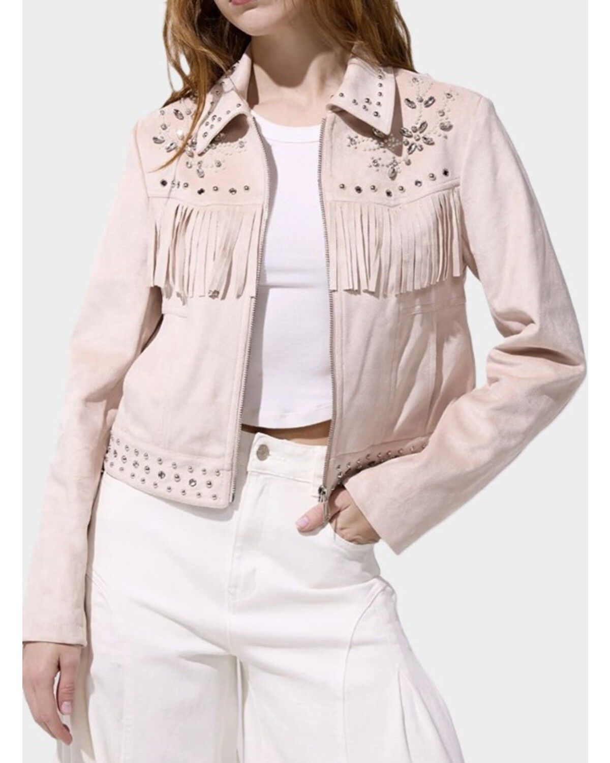 Azalea Wang Women's Faux Suede Studded Fringe Jacket, Pink, hi-res