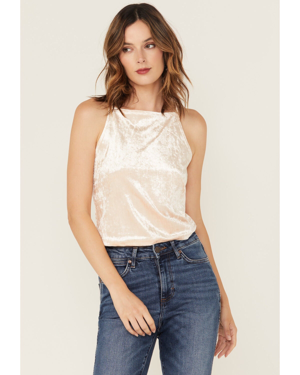 Beyond The Radar Women's Velvet High Neck Tank Top, Ivory, hi-res