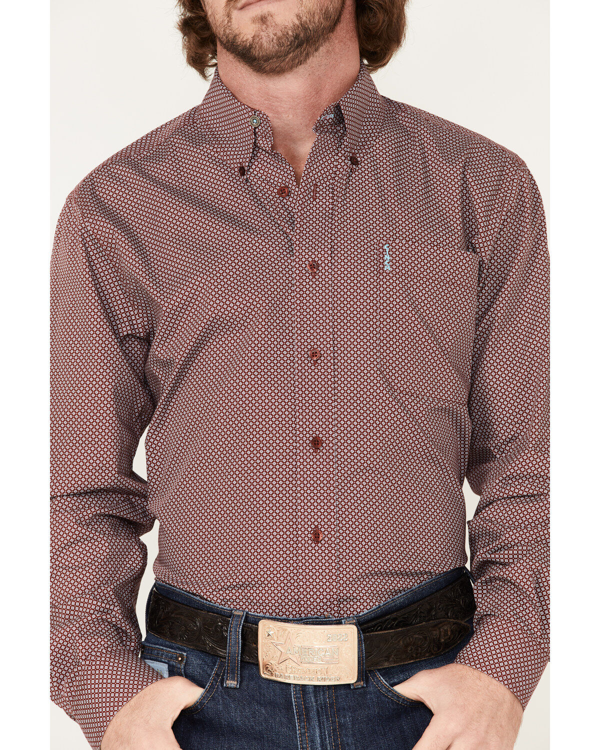 Image #3 - Cinch Men's Modern Fit Geo Print Button-Down Western Shirt, Burgundy, hi-res