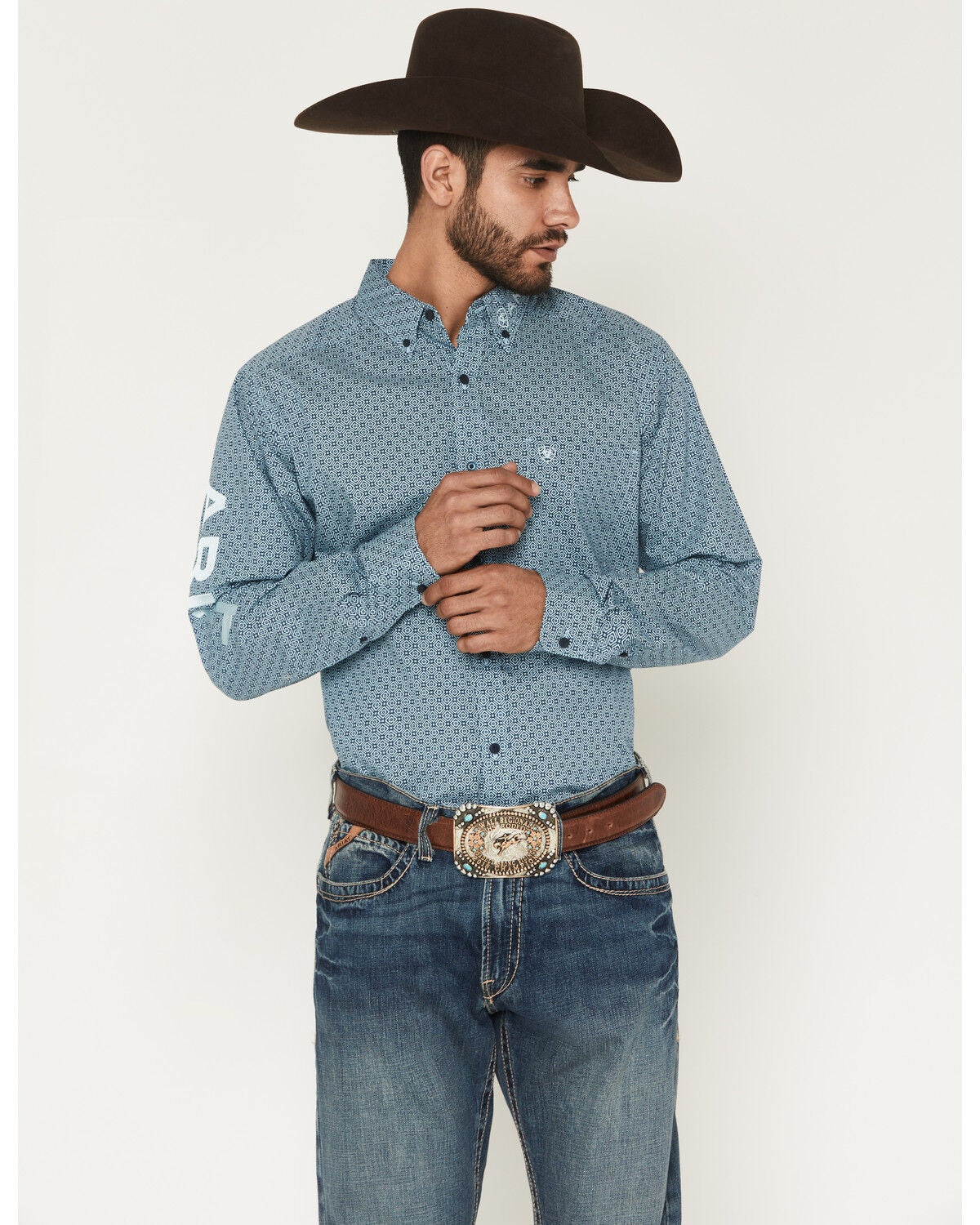 Ariat Men's Team Jansen Geo Print Fitted Long Sleeve Button-Down Western Shirt, Navy, hi-res