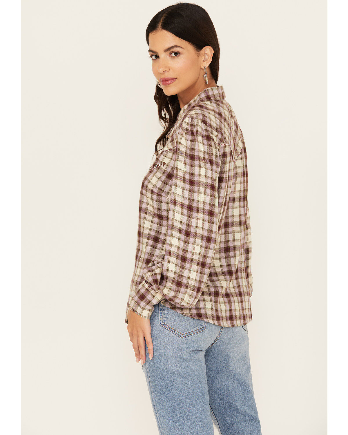 Image #4 - Shyanne Women's Plaid Print Long Sleeve Button-Down Western Shirt, Cream, hi-res