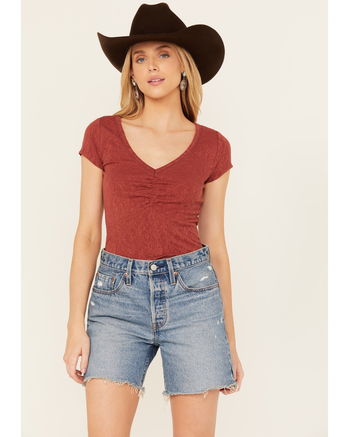 Shyanne Women's V Neck Short Sleeve Stretch Knit Top, Rust Copper, hi-res