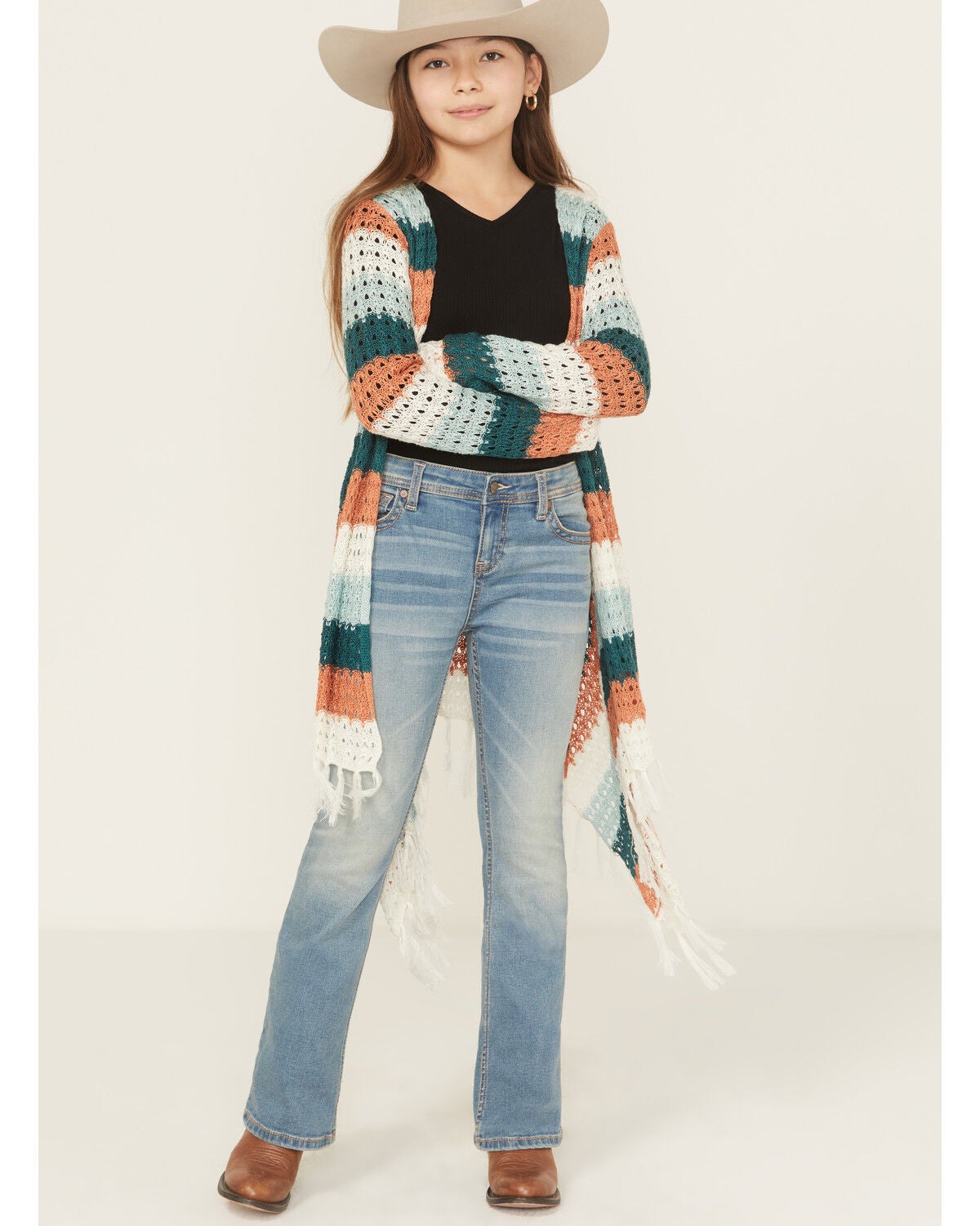 Rock & Roll Denim Girls' Striped Fringe Cardigan, Ivory, hi-res