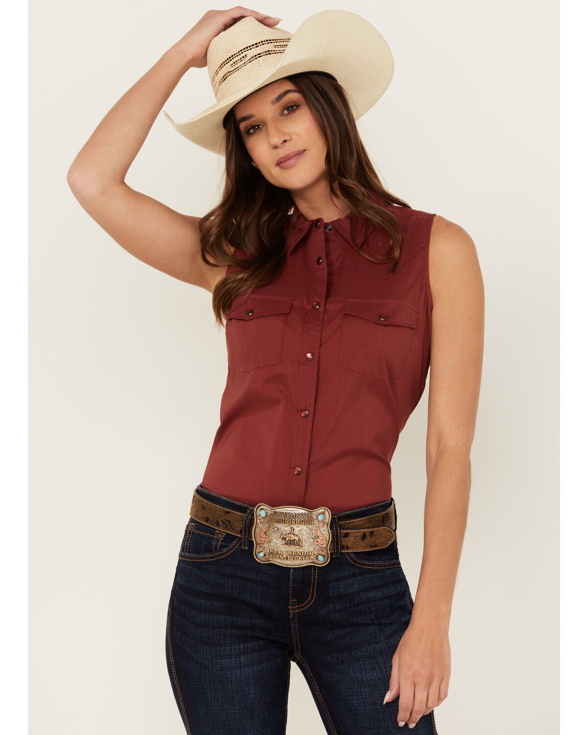 Shyanne Women's Rawlins Riding Performance Stretch Shirt, Brick Red, hi-res