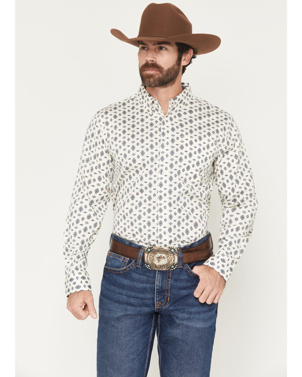 Cody James Men's Horizon View Southwestern Geo Print Long Sleeve Button-Down Stretch Western Shirt, Ivory, hi-res