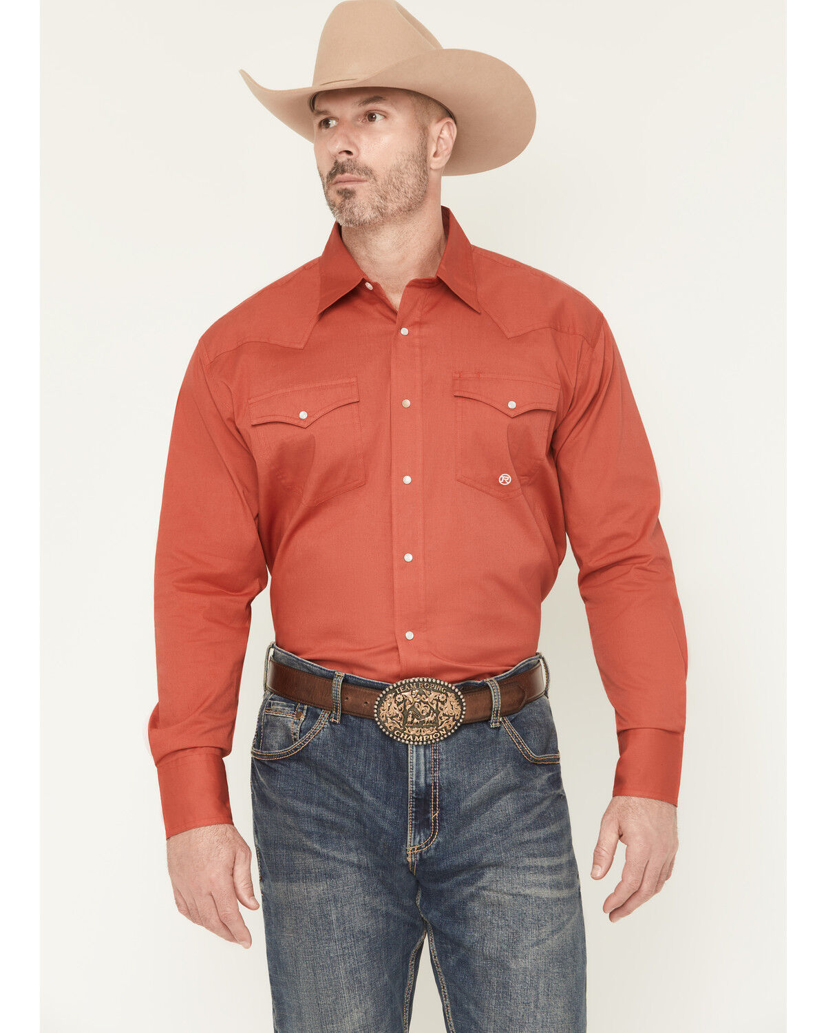 Image #2 - Roper Men's Solid Long Sleeve Snap Stretch Western Shirt, Rust Copper, hi-res