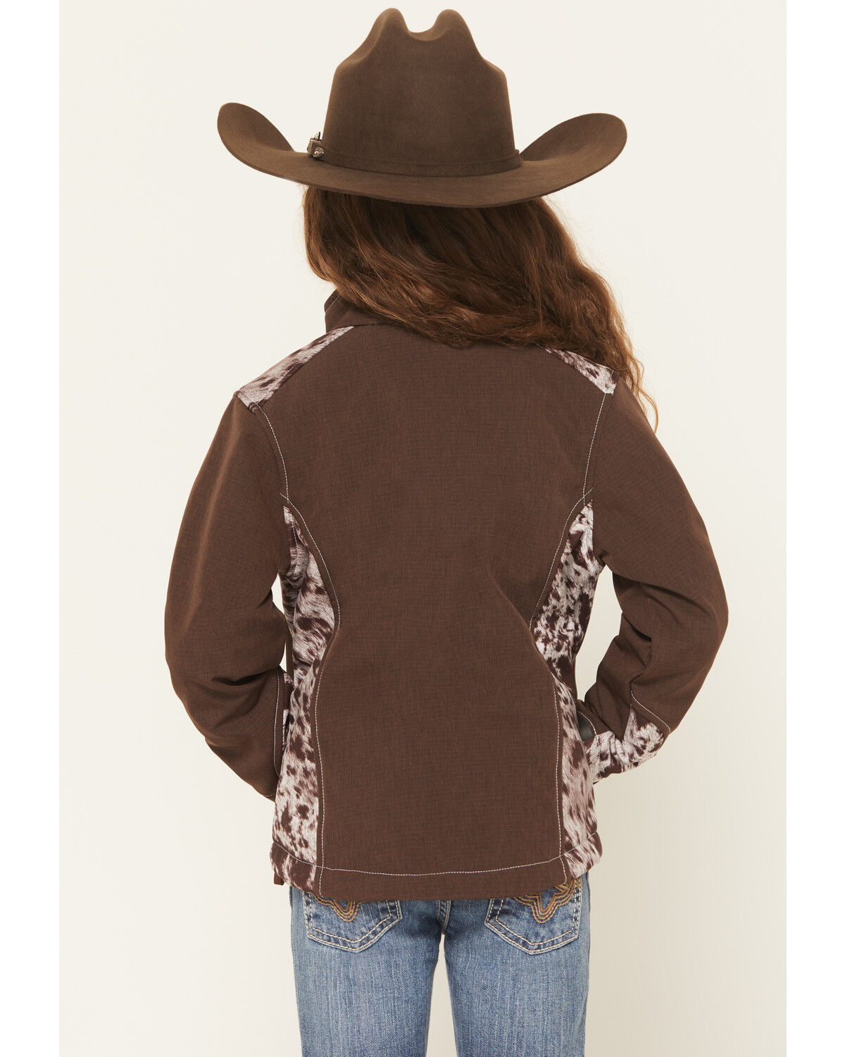 Image #4 - Cowgirl Hardware Girls' Cowhide Print Softshell Jacket, Brown, hi-res