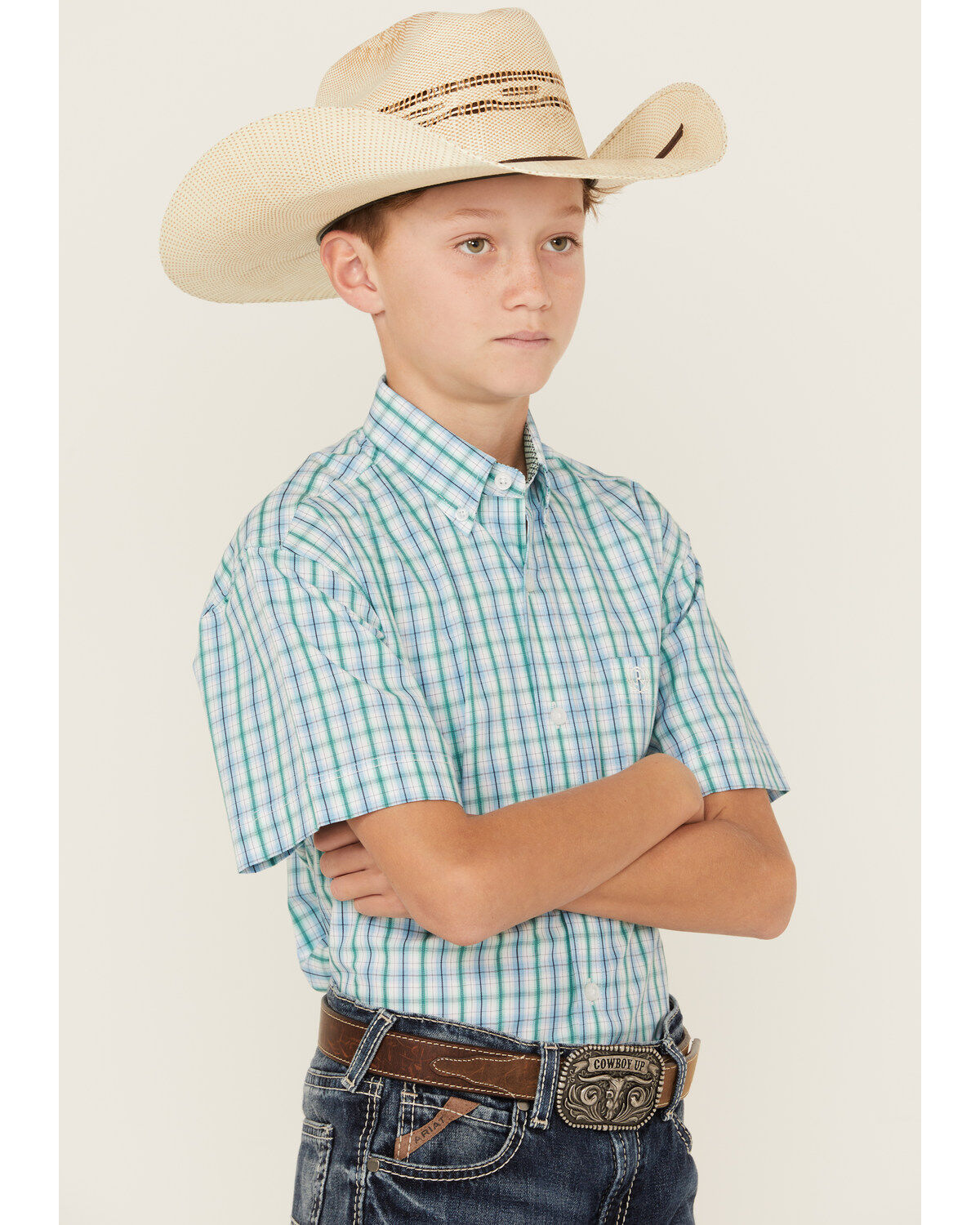 Image #2 - Panhandle Boys' Plaid Print Short Sleeve Button-Down Western Shirt, Aqua, hi-res