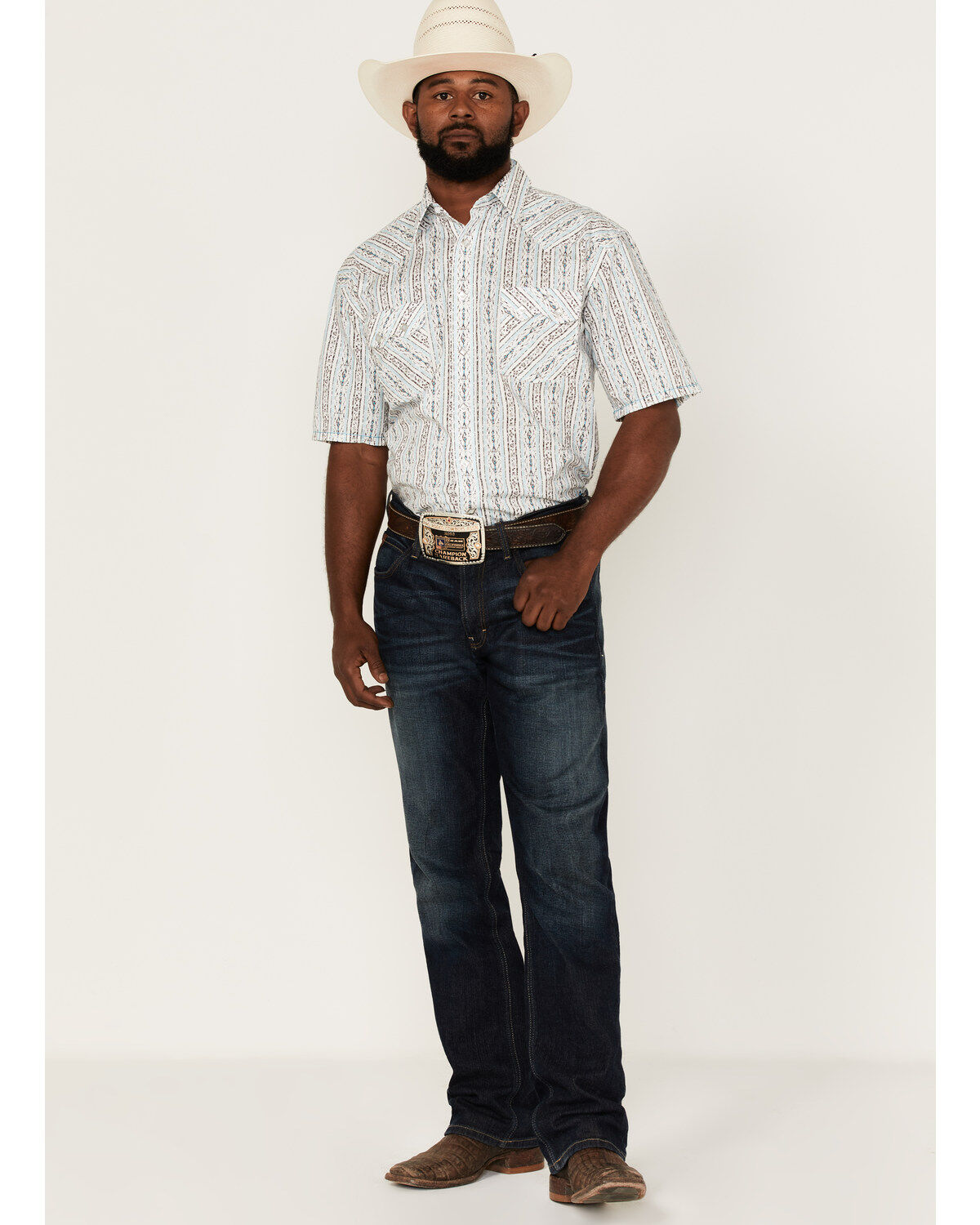 Image #2 - Rough Stock By Panhandle Men's Southwestern Stripe Short Sleeve Pearl Snap Western Shirt, Turquoise, hi-res