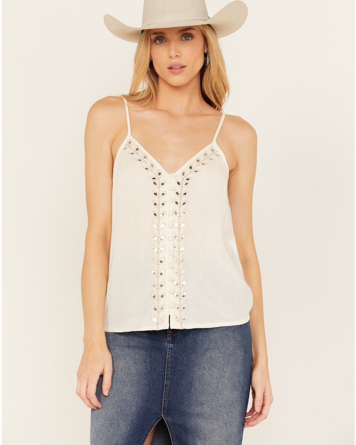 Shyanne Women's Embellished Crinkle Cami Tank, Cream, hi-res