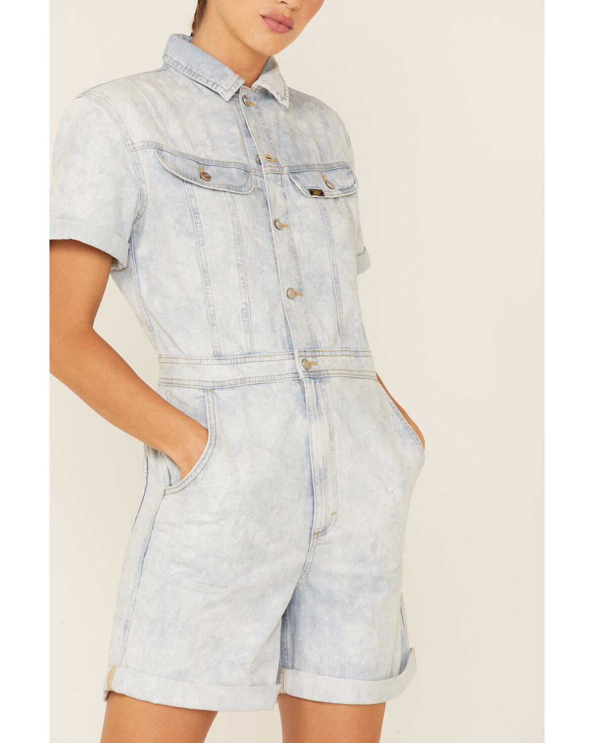 Image #2 - Lee Women's Acid Wash Denim Short Unionall Romper, Blue, hi-res