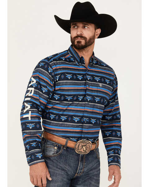 Ariat Men's Team Chandler Southwestern Striped Print Long Sleeve Button-Down Western Shirt, Dark Blue, hi-res