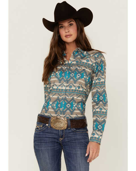 Roper Women's Southwestern Print Long Sleeve Snap Western Shirt, Brown, hi-res