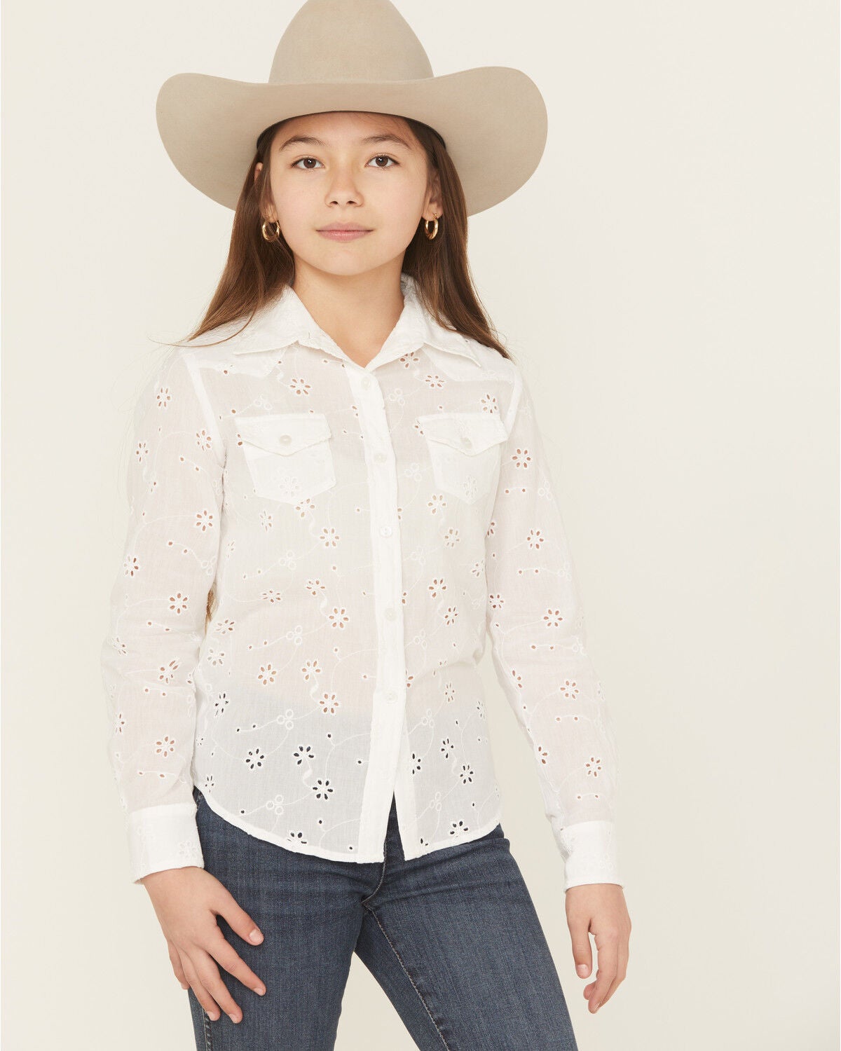 Roper Girls' Eyelet Long Sleeve Button-Down Western Shirt, White, hi-res