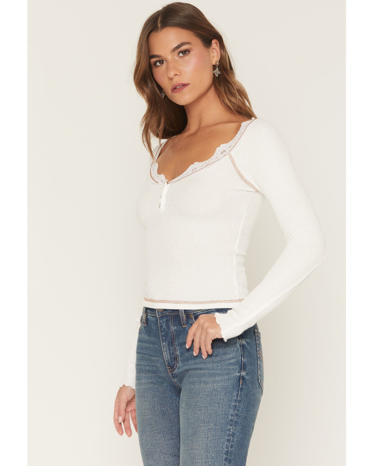 Wild Moss Women's Contrast Stitch Lace Long Sleeve Top, Cream, hi-res