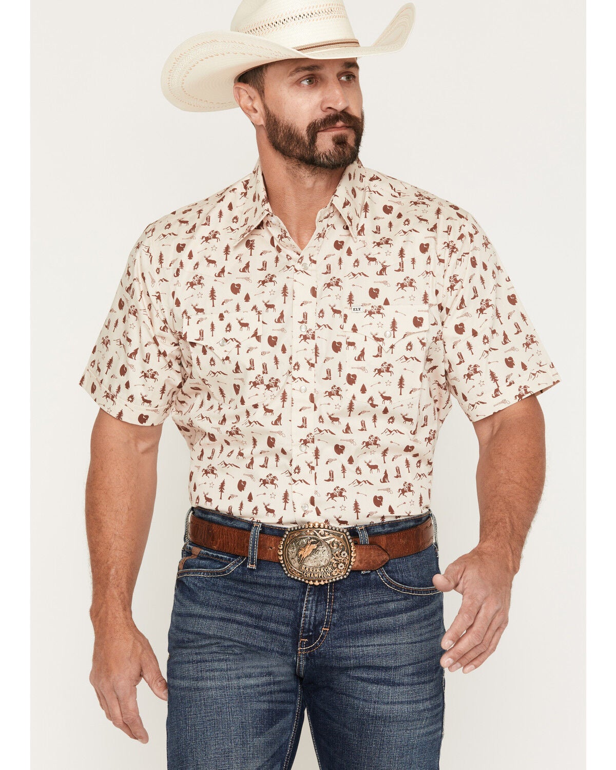 Image #1 - Ely Walker Men's Conversational Print Short Sleeve Pearl Snap Western Shirt, Cream, hi-res