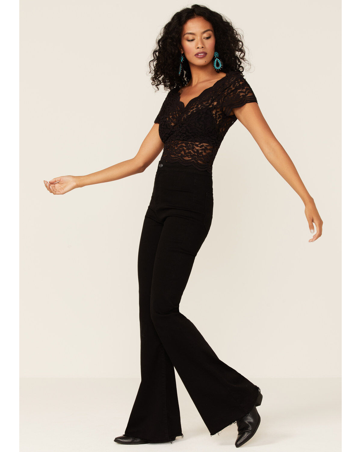 Image #2 - Shyanne Women's Black Lace Knit Flutter Sleeve Crop Top, Black, hi-res